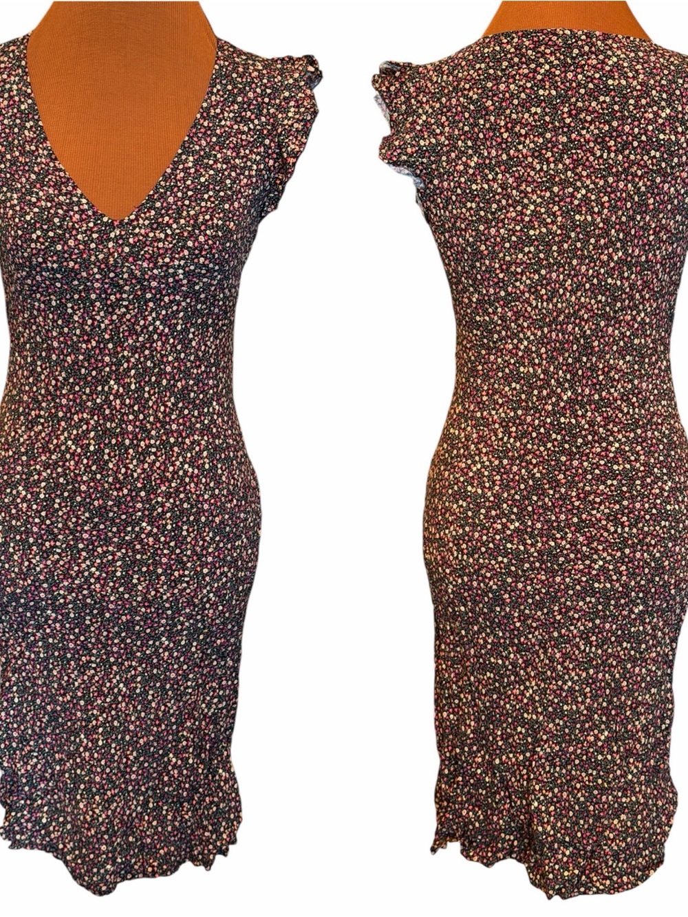 Y2K RAMPAGE Vintage Black Floral V-Neck Bodycon Dress Size 7